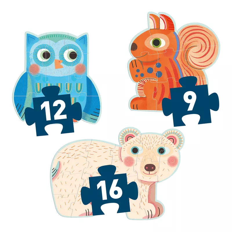 Four Djeco Progressive Puzzles In the forest - 9, 12, 16 pcs with animals and numbers on them.