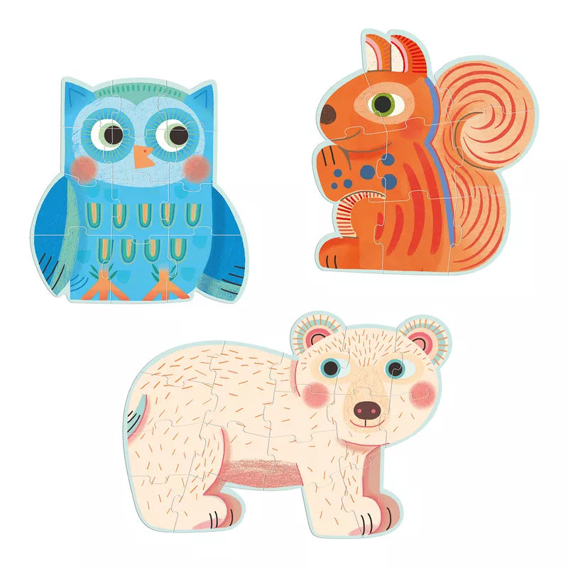 A set of Djeco Progressive Puzzles In the forest - 9, 12, 16 pcs cut outs of animals.