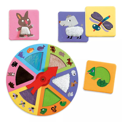 A Djeco Tactilo Loto Animals tactile educational game featuring a toy wheel with easy animal identification and textured bodies.
