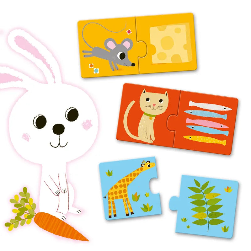 The Djeco Educational Puzzles Duo Dinner’s Ready! features a white rabbit with a carrot and an engaging puzzle. Match 3 colorful pieces: a mouse with cheese, a cat with fish, and a giraffe with a plant, to learn about animal diets.