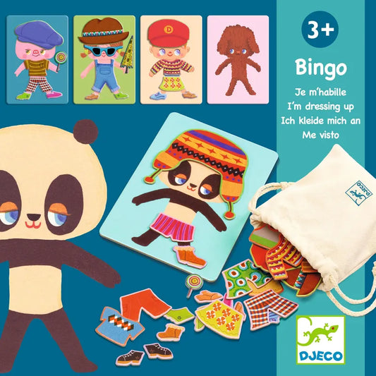 A colorful promotional image for Djeco Educational Games Dress Up Bingo featuring a panda character and various outfits on blue background, with text in multiple languages indicating the game is for ages 3+.