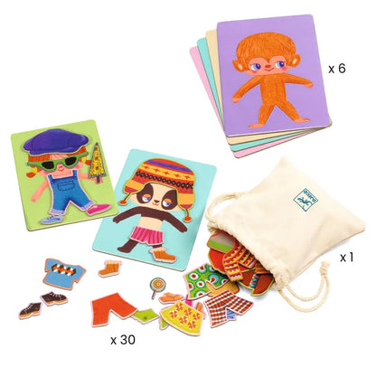 A set of Djeco Educational Games Dress Up Bingo featuring mix-and-match cards with cartoon characters and separate clothing pieces, alongside a drawstring bag for an educational game.