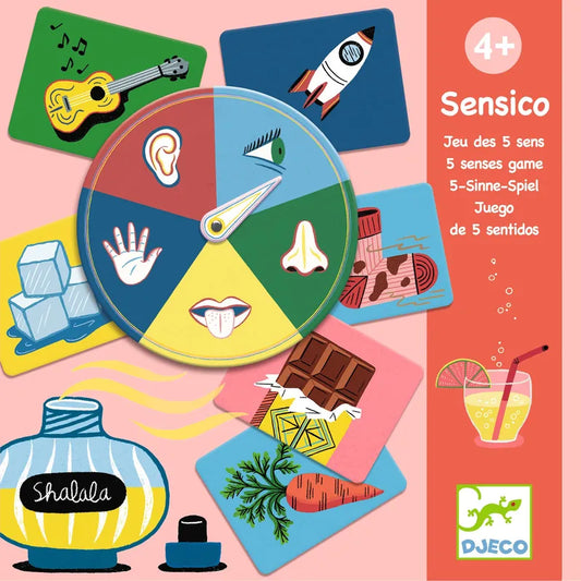Colorful sensory recognition game pieces depicting the five senses (sight, hearing, touch, taste, smell) arranged on a vibrant background, marketed for children aged 4+, with multilingual packaging - Djeco Educational Games Sensico - FSC MIX