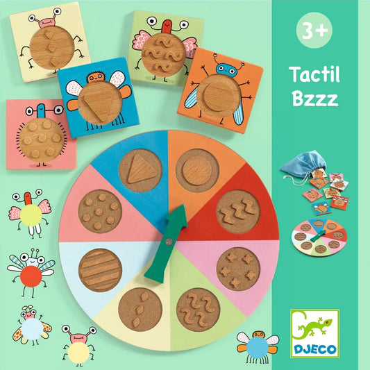 A colorful Djeco Educational Games Tactil-Bzzz, featuring puzzles with textures and cartoon-style insect illustrations for children aged 3 and up.
