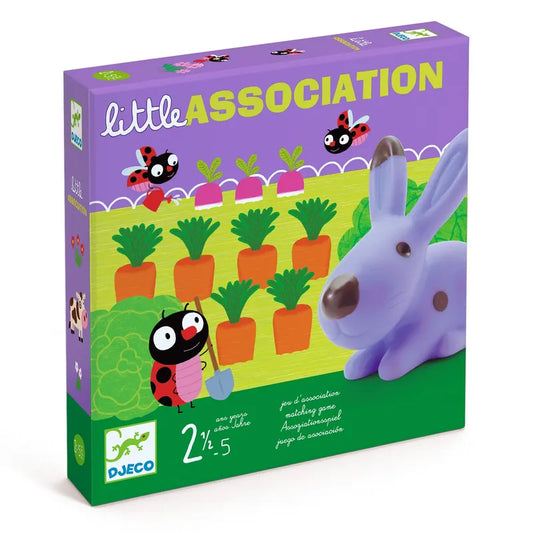 Box of Djeco Toddler Games Little association, featuring colorful graphics of a purple toy rabbit, a ladybug, and carrots on a green background.