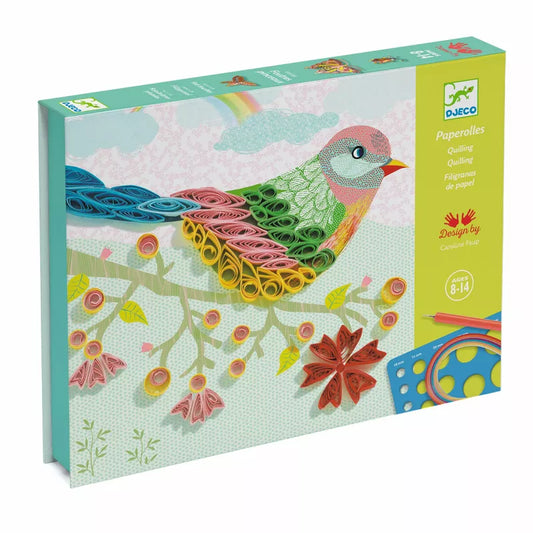 A Djeco Paper Workshop Spiral Seasons puzzle box with a colorful bird on a tree branch.