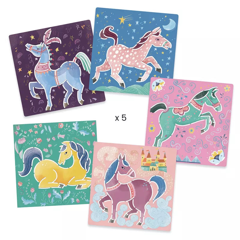 A set of Djeco Stencils Horses featuring beautifully designed horse illustrations perfect for stenciling and drawing.