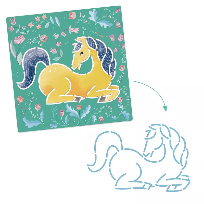 A Djeco Stencils Horses featuring a beautifully drawn horse on a piece of paper.