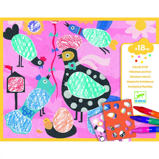 A colorful Djeco Colouring Birdie & Co kit with birds and pens, perfect for children aged 18 months and up.