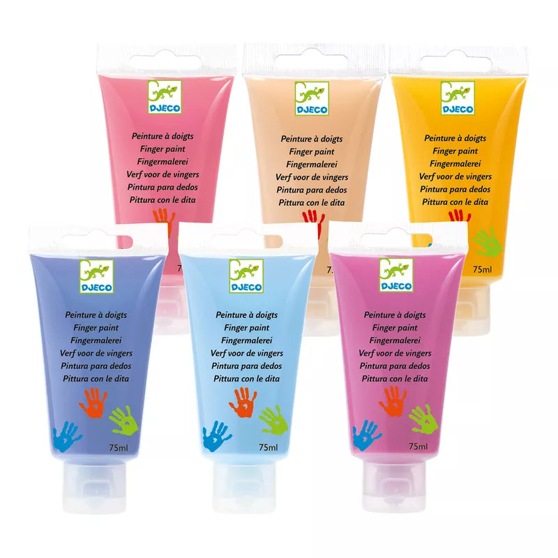 Five tubes of Djeco Paint For Little Ones 6 Finger Paint's Tubes - Sweet, designed for little artists aged 18 months and up, in different colors.