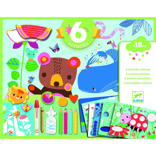 A set of Djeco Collage The Mouse And His Friends cards for creative activities and crafting featuring a bear and a watermelon.