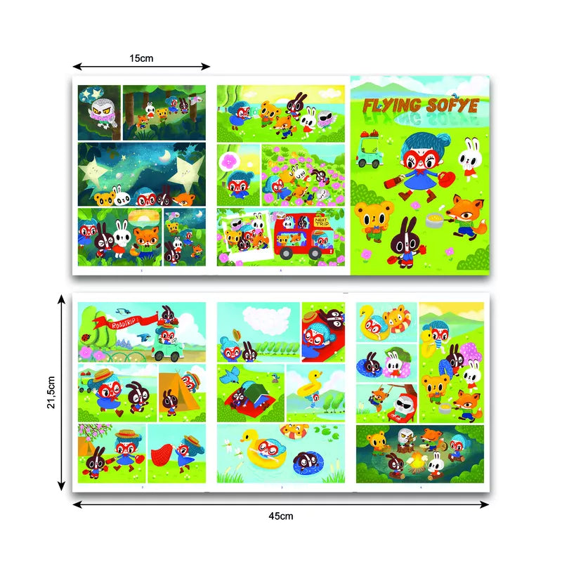 A picture of a Djeco Decals Flying Sofye with pictures of animals and toy rub-down transfers.