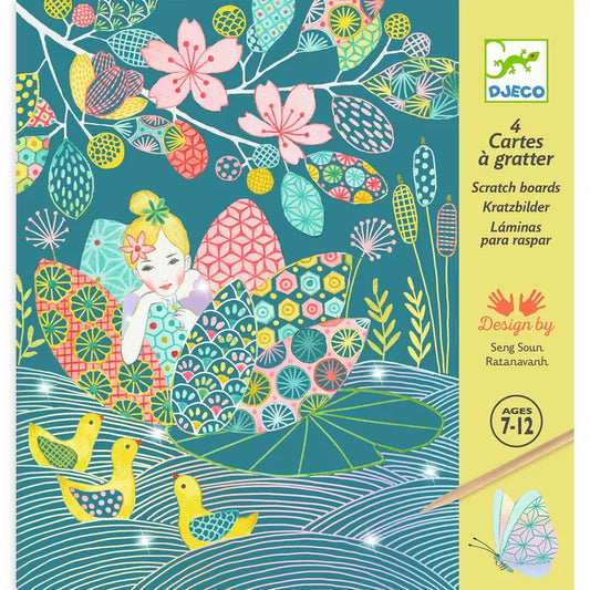 A Djeco Scratch Cards The Pond with an illustration of a girl and birds, featuring iridescent reflections.