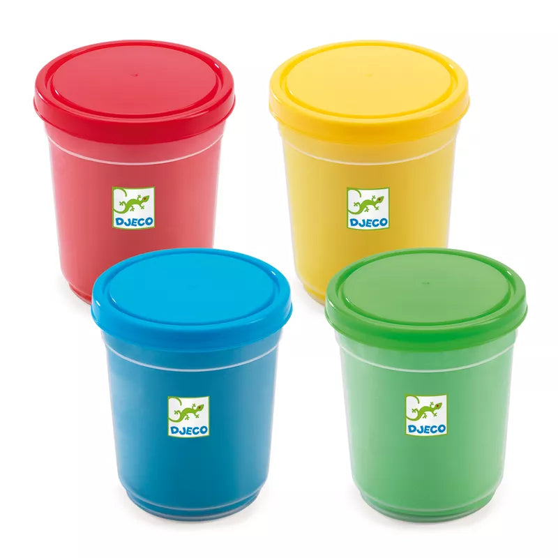 A group of four Djeco plastic containers with lids.