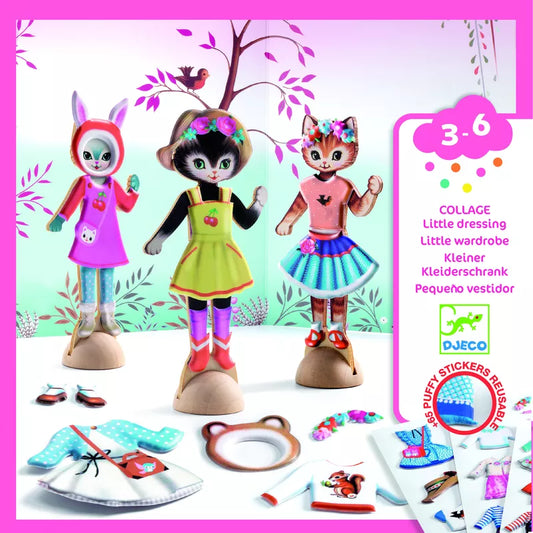 A set of Djeco Collage Little Wardrobe dolls with clothes and accessories.