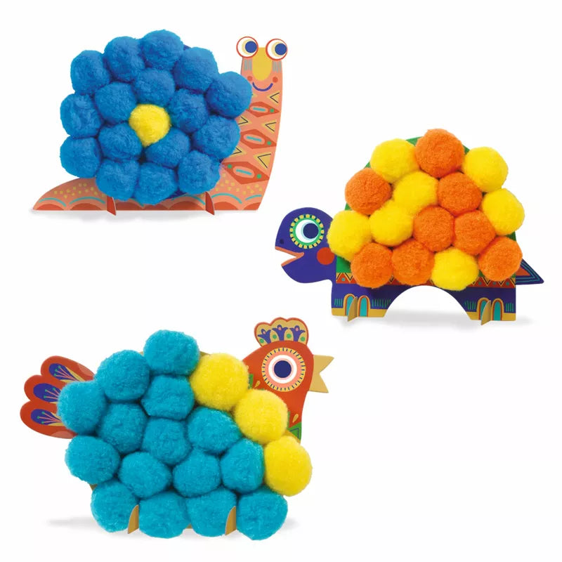 Three brightly colored Djeco Collages – Gros pompons on a white background.