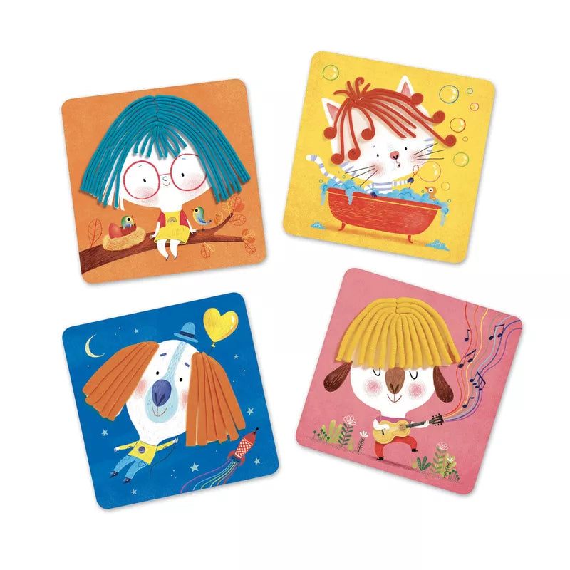 Four Djeco square coasters with cartoon animals on them.