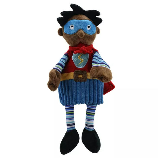 Hand Puppet of a Super Hero Boy with colourful clothes and quality embroidered facial features.  Big enough to be used by children and adults.