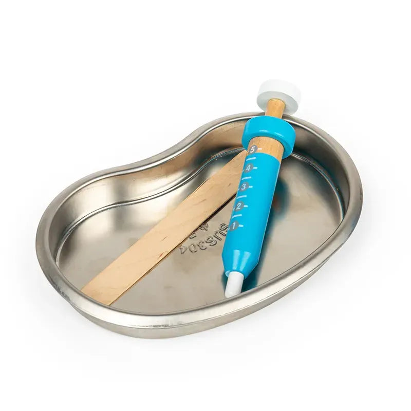 The Bigjigs Dentist Kit includes a stainless steel kidney dish containing a blue syringe with measurement markings, a white plunger and tip, and a plain wooden tongue depressor.