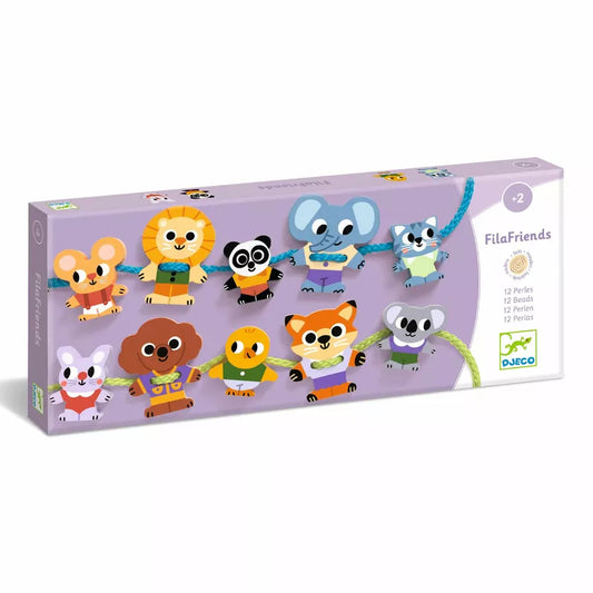 A box containing a set of Djeco FilaFriends threading beads with animals on them designed for children.