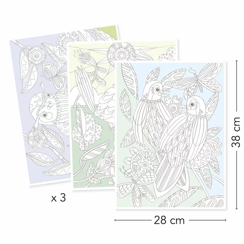 A set of three Djeco Large size colouring Birds with birds and flowers on them. Each book features stunning artwork and a variety of beautiful colouring sheets for endless creative fun.