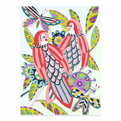 A vibrant artwork featuring two Djeco Large size colouring Birds perched on a branch, surrounded by colorful butterflies and leaves.