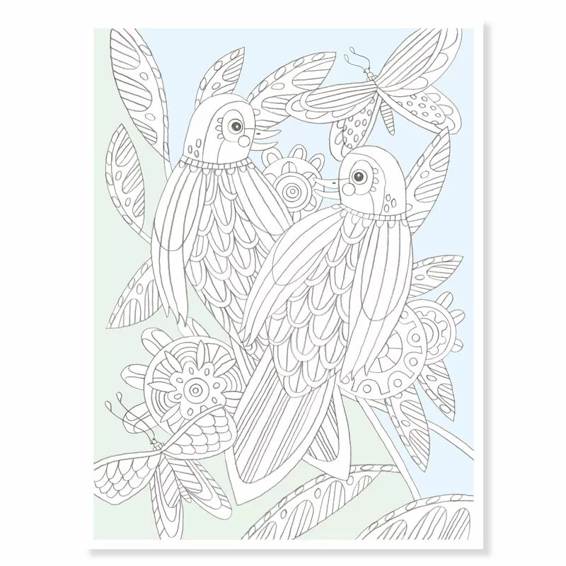 A colourful artwork featuring birds and butterflies, perfect for young artists to fill in as a captivating Djeco Large size colouring Birds.