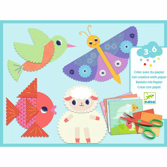 A Djeco Create with Paper Crinkle cutting kit with paper cut outs of animals and birds.
