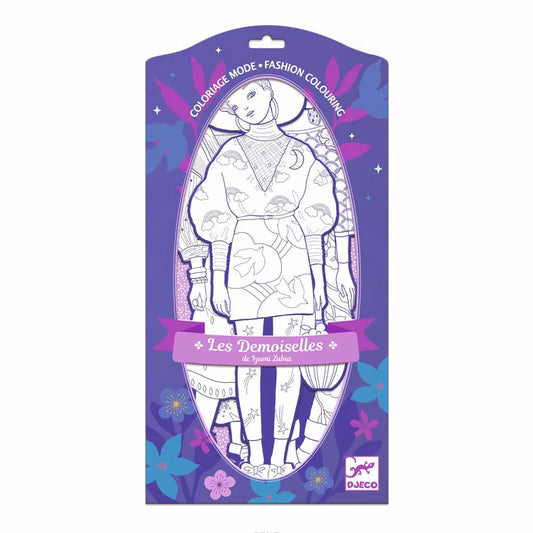 A Djeco Large size colouring Zaho & friends package with an image of a girl in a purple dress featuring metallic areas.