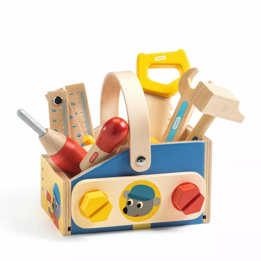 A Djeco Minibrico wooden toy toolbox with a variety of DIY set tools.