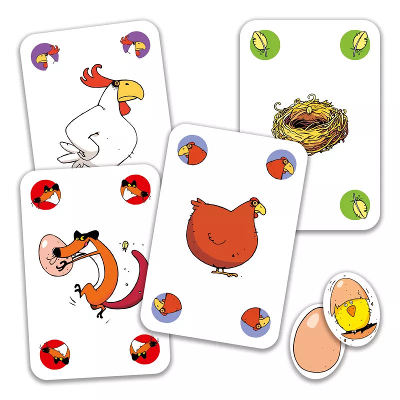 A set of Djeco Playing Cards Piou Piou with chickens, chicks, and eggs for a strategy game.