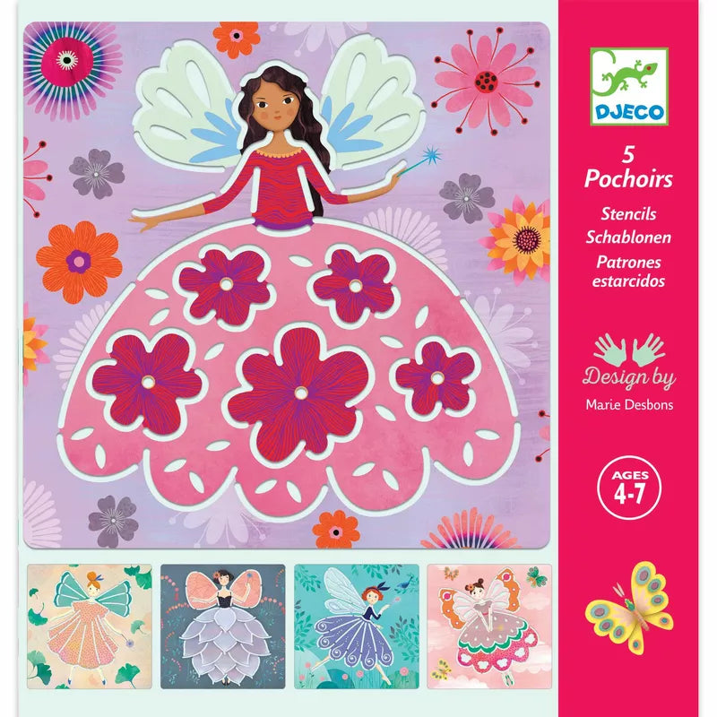 A picture of fairies in pink dresses with flowers using Djeco Stencils Fairies.