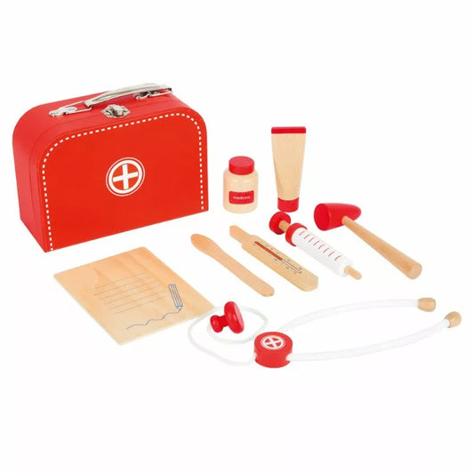 A red Doctor's Kit Play Set suitcase with tools in it.