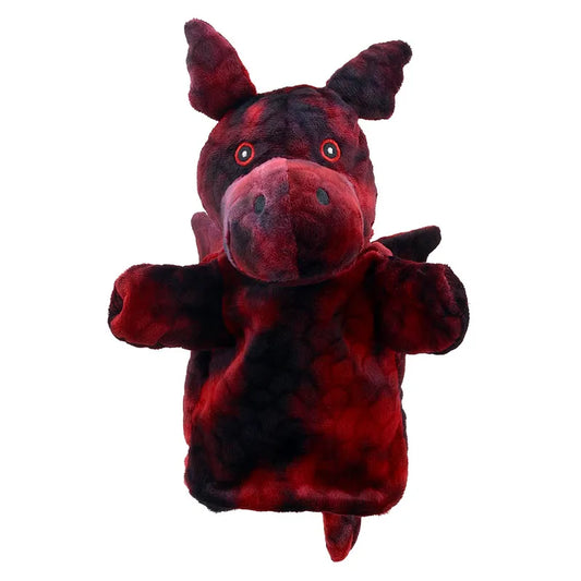 A plush puppet from the ECO Puppet Buddies Red Dragon Hand Puppet collection designed to look like a pig, featuring a deep red and black color scheme, with prominent ears and a friendly expression.