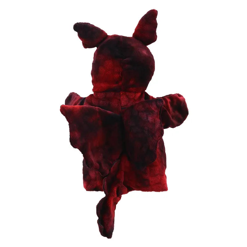 A dark red velvet plush puppet, shaped like a stylized bunny with oversized ears and a heart-shaped torso, set against a pure white background.