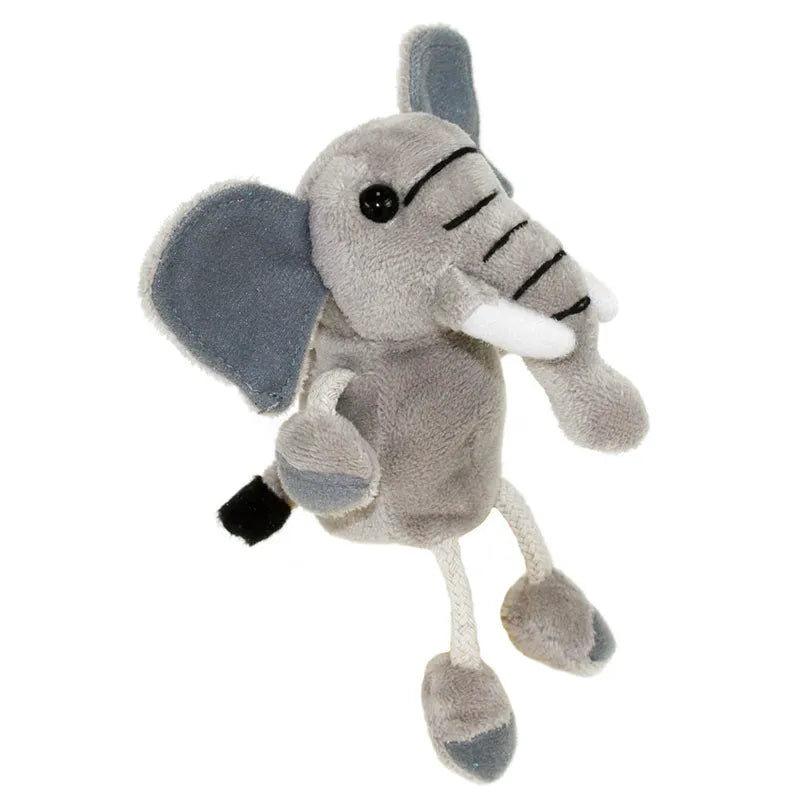 The Puppet Company Elephant Finger Puppet is a small, plush elephant with large floppy ears, a long trunk, and white tusks. This soft toy features a gentle grey body standing upright on white rope-like legs and a little tail, making it perfect for storytelling adventures.