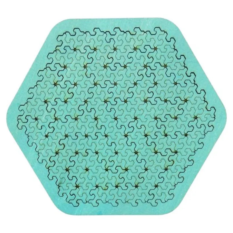 Eureka! Wacko Jigsaws Little Stars is a hexagonal wooden puzzle with interlocking, wavy pieces on a light turquoise background. Perfect for adults and children aged 8+, it showcases a symmetrical pattern within the hexagon, with each uniformly shaped piece outlined in dark.