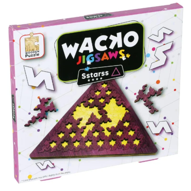 The image shows a box of "Eureka! Wacko Jigsaws Sstarss," perfect for adults and ages 8+. Star-shaped pieces form a large triangle. The vibrant packaging, with geometric designs, displays the "Wooden Puzzle" logo.