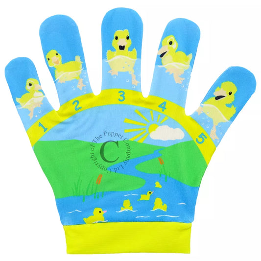 A pair of The Puppet Company Song Mitt Five Little Ducks interactive children's gloves.