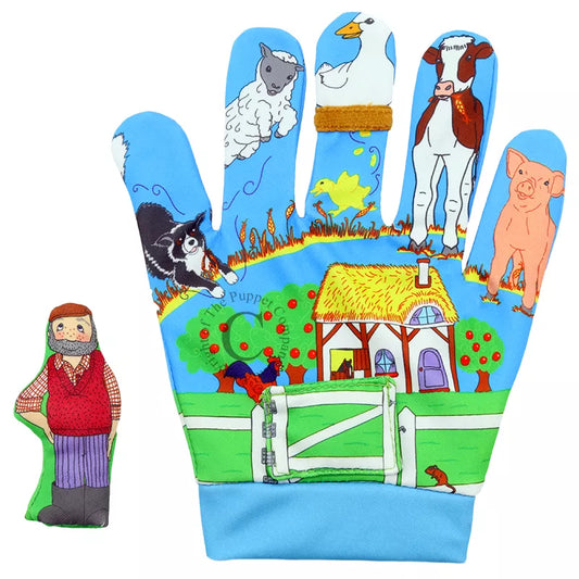 A mitt hand puppet with each character from “Old McDonald had a farm” song is represented on a different finger.
