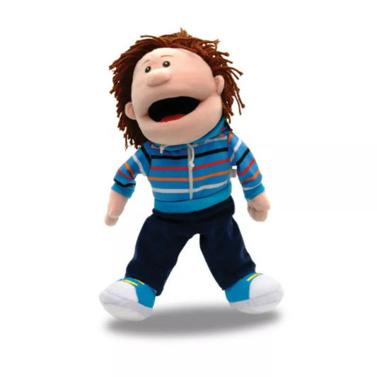 a Fiesta Crafts Boy Mouth Moving Hand Puppet that is wearing a striped shirt.