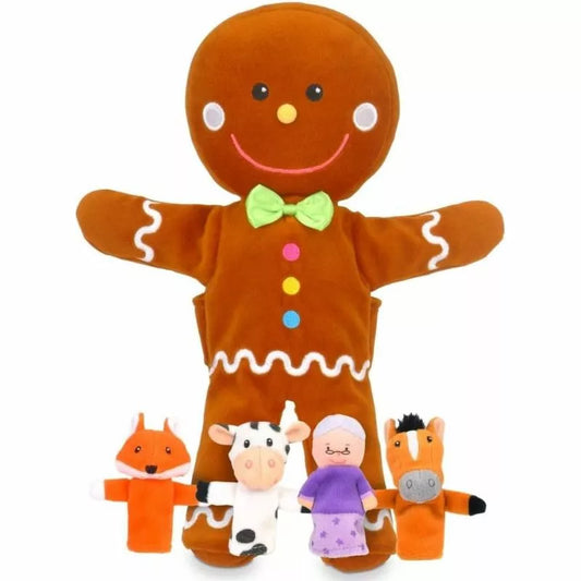 A Fiesta Crafts Gingerbread Man with Finger Puppets Set with four other animal puppets.