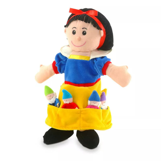 a Fiesta Crafts Snow White Puppet Set with a red bow on its head.