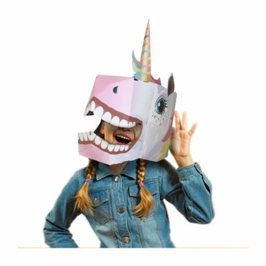A young girl wearing a Pink Unicorn 3D Mask.