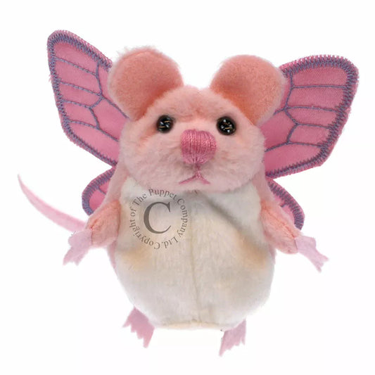 A The Puppet Company Pink Mouse Finger Puppet with wings, made by Puppet Company, that serves as a toy.