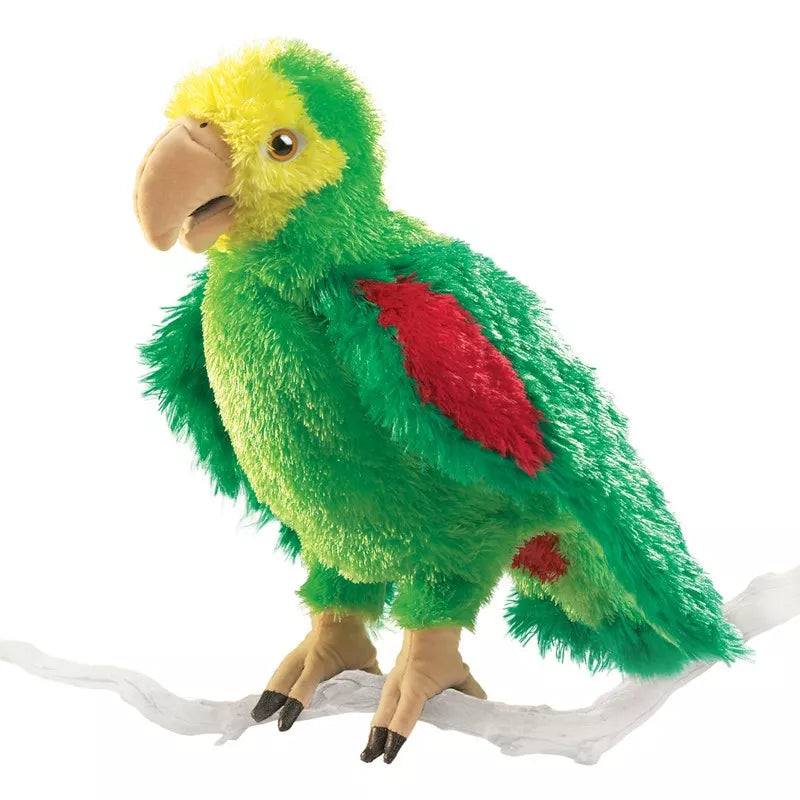 A Folkmanis Puppets Amazon Parrot with a red spot on its chest.