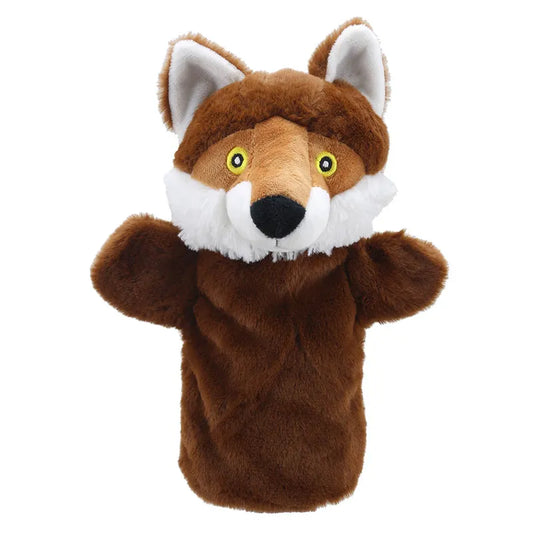 A plush ECO Puppet Buddies Fox Hand Puppet with brown and white fur, and prominent, bright yellow eyes, isolated on a white background.