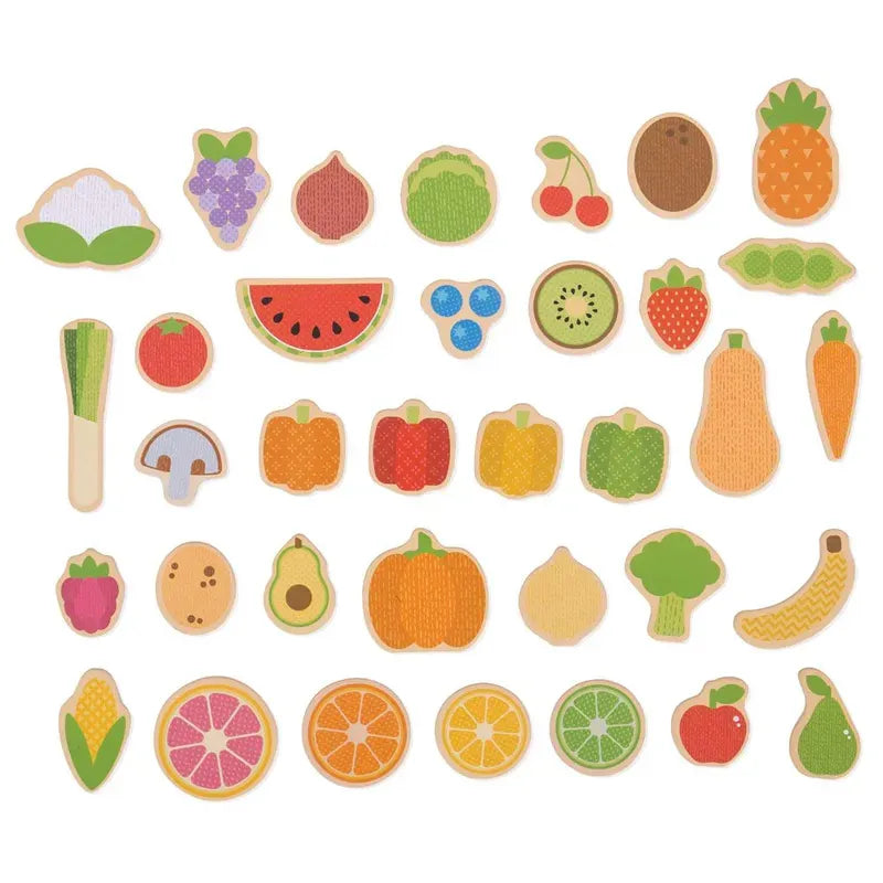 The Bigjigs Fruit and Veg Magnets feature playful, colorful cartoon designs of grapes, watermelon, pineapple, avocado, banana, and more. These cheerful characters resemble healthy foods and are aligned like vibrant wooden magnets on a white background.