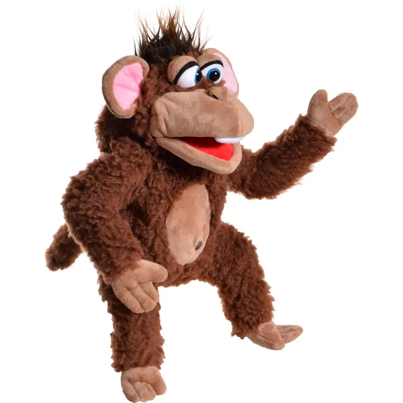 Fuzius the Monkey Hand Puppet is a brown plush puppet with pink ears, big eyes, and an open red mouth, raising one arm and standing on one leg against a white background—this expressive puppet is perfect for bringing stories to life.