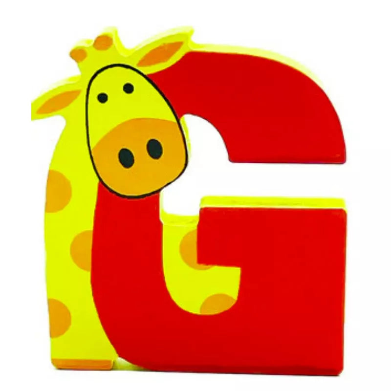 A Wooden Letter Animal – G standing next to a giraffe.